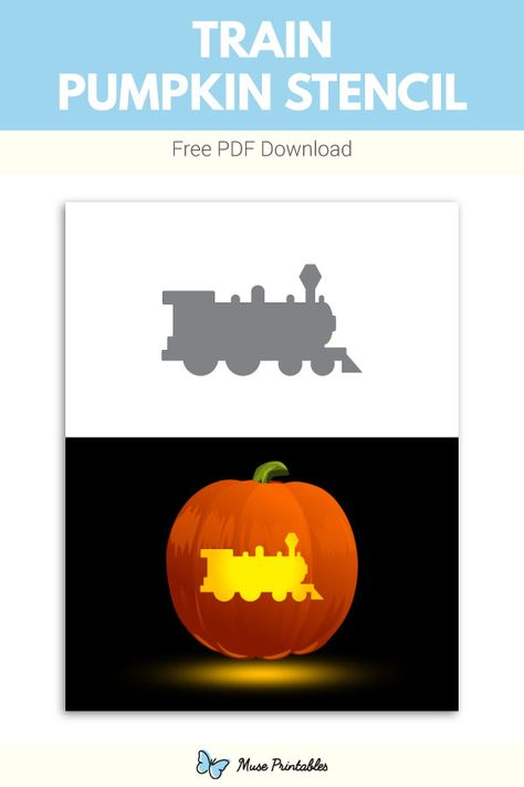 Free printable train pumpkin stencil. Download it at https://museprintables.com/download/pumpkin-stencil/train/ Train Pumpkin Carving, Train Pumpkin, Printable Pumpkin Stencils, Pumpkin Stencils Free, Pumpkin Stencils, Halloween Pumpkin Carving Stencils, Pumpkin Carving Patterns, Pumpkin Carvings Stencils, Pumpkin Carving Templates