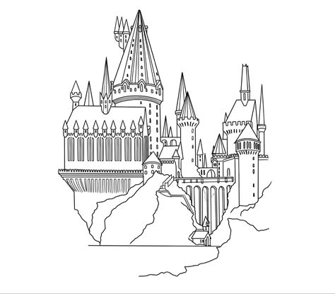 Hogwarts Castle Line Art, Harry Potter Castle Drawing Easy, Hogwarts Castle Drawing Simple, Hogwarts Castle Outline Tattoo, Hogwarts Line Drawing, Hogwarts Outline Drawing, Hogwarts Castle Illustration, Hogwarts Stencil, Harry Potter Tattoo Stencil