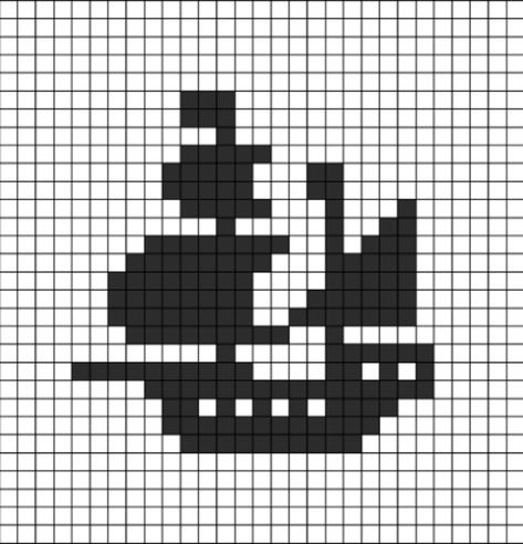 A pixel art template of a pirate ship silhouette. Anchor Pixel Art, Pirate Ship Pixel Art, Boat Pixel Art, Pirate Perler Bead Patterns, Pirate Cross Stitch, Pirate Pixel Art, Pirate Ship Silhouette, Pixel Art Black And White, Black And White Pixel Art