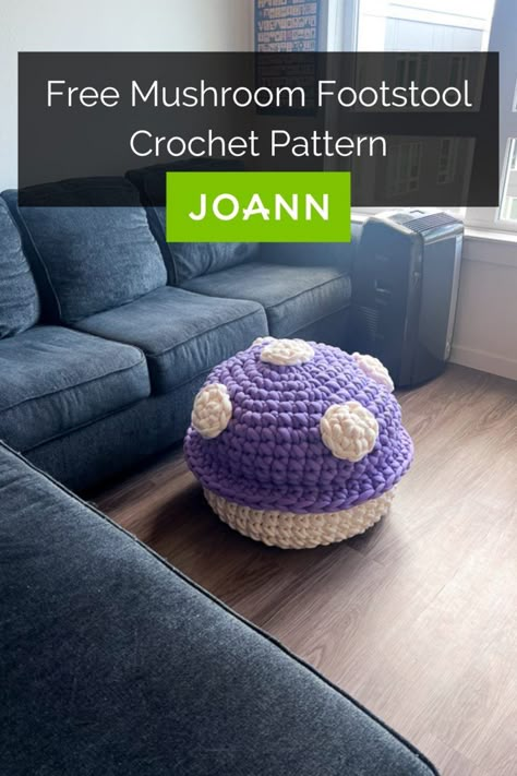 Free Crochet Mushroom Footstool Pattern With JOANN Fidget Mushroom Crochet Pattern, Crochet Couch Cushion, Big Mushroom Pillow Crochet, Crochet Circle Pillow Pattern, Big Mushroom Crochet Pattern, Crochet Computer Chair Cover, Crochet Back Pillow, Crochet Floor Pillow Free Pattern, Crochet Ottoman Pattern Free