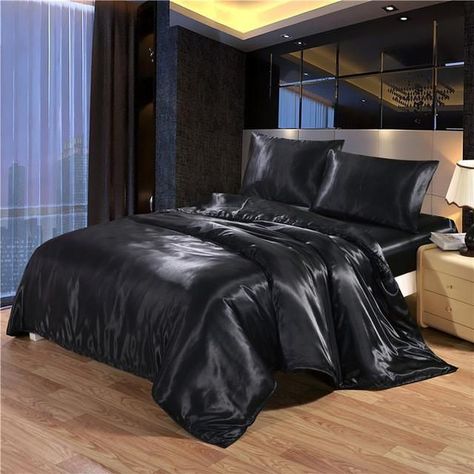 BedSheet Ideas, Queen Size Sheet Set 4 Piece Black Silk Bedding Aesthetic, Goth Bedding, Bedsheet Ideas, Satin Bed Sheets, Satin Bed, Black Bed Set, Queen Size Sheets, Black Sheets, Satin Bedding