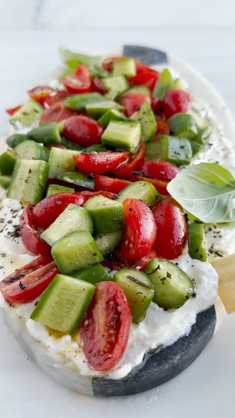 Feta Board, Tomato And Cucumber Salad, Cucumber And Tomato Salad, Tomato And Cucumber, Cucumber And Tomato, Feta Recipe, Creamy Feta, Baby Tomatoes, Whipped Feta