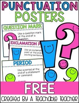 Punctation PostersFREE Punctuation Posters are a great tool for your grammar or focus wall! They also make a great reference for students.Each set includes: period, exclamation point, and question mark.One set includes the four sentence types (declarative, imperative, interrogative, and exclamatory. Punctuation For Kindergarten, First Grade Punctuation Activities, Ending Punctuation Activities, Punctuation Posters Classroom, Grammar Posters Elementary, Free Printable Punctuation Posters, Writing Punctuation, Punctuation Anchor Chart, Teaching Punctuation