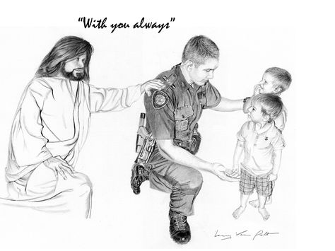 "With You Always" Jesus & The Police Officer By Larry Van Pelt. #cantfindafirefighterone #faith #police #policeofficer #protector #children #young /ss Law Enforcement, Vintage Ads, Police Officer, Male Sketch, Jesus, Humanoid Sketch, Zelda Characters, Van, Fictional Characters