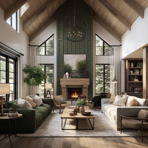 Modern Cabin Great Room, A Frame Living Room Fireplace, Amber Massey House, House Design Inspiration Interiors, Country Modern Home Interiors, Shiplap Ceiling With Wood Beams, Fireplace Surrounded By Windows, Mountain Home Interior Design, Fireplace Two Story Living Room