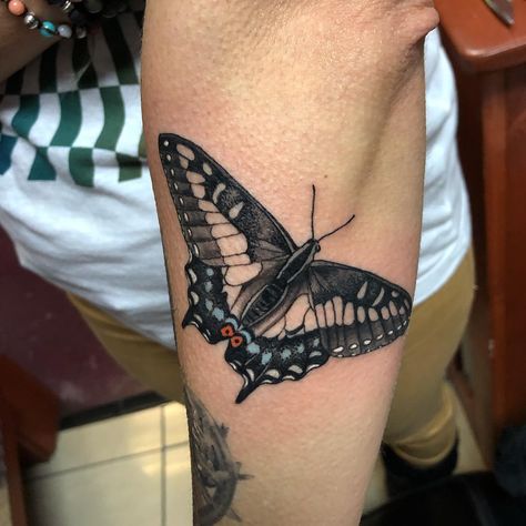 Black Swallowtail Butterfly Tattoo, Swallowtail Tattoo, Traditional Tattoo Man, Black Swallowtail, Tattoo Man, Michigan Summer, Dad Tattoos, Swallowtail Butterfly, Side Tattoos