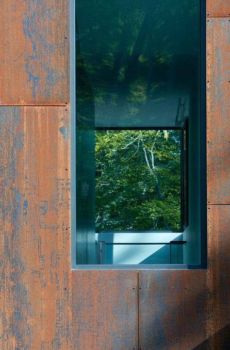 Weathered steel and blackened cedar inspires this Canadian lake house Canadian Lakes, Weathered Steel, Stairs In Living Room, Cottage Retreat, Arch Architecture, Weathering Steel, Magical Home, Modern Cottage, Corten Steel