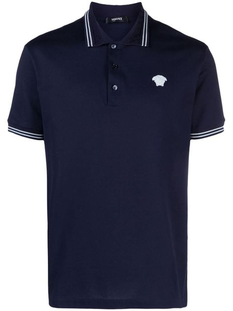 Find Versace Polo Shirt With Logo on Editorialist. - Polo shirt with logo - Navy blue - Medusa head embroidery on the chest - Ribbed finishes - Polo collar - Front buttoning - Short sleeves - Straight hem Versace Polo Shirt, Versace Polo, Basket Sport, Versace T Shirt, Godly Life, Medusa Head, Polo Blue, Cotton Polo Shirt, Audemars Piguet