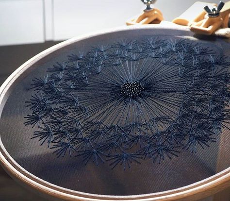 Velvet Meadow (@velvetmeadow) • Instagram photos and videos Black Tulle Fabric, Hoop Wall Hanging, Magic Things, Tulle Embroidery, Embroidery Hoop Wall, Dandelion Designs, Embroidery Hoop Wall Art, Hand Embroidery Kits, Tambour Embroidery