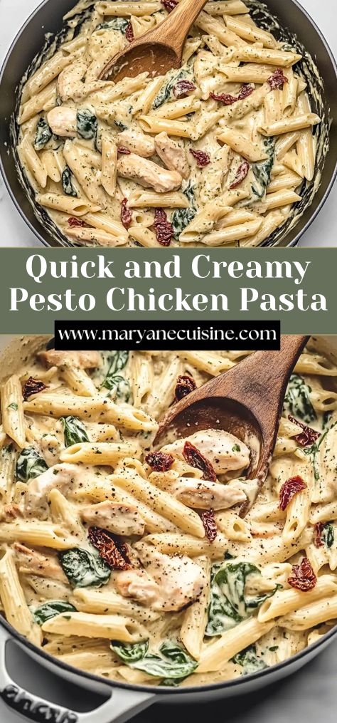 Whip up this quick pesto chicken pasta on a busy night! The creamy sauce, fresh spinach, and savory chicken make it a crowd-pleaser. Protein Pesto Pasta, Pesto Recipes Dinner, Creamy Pesto Pasta Recipe, Quick Pesto, Recipes Using Pesto, Creamy Chicken Spinach Pasta, Chicken Basil Pasta, Creamy Pesto Chicken, Pesto Pasta Recipes Chicken