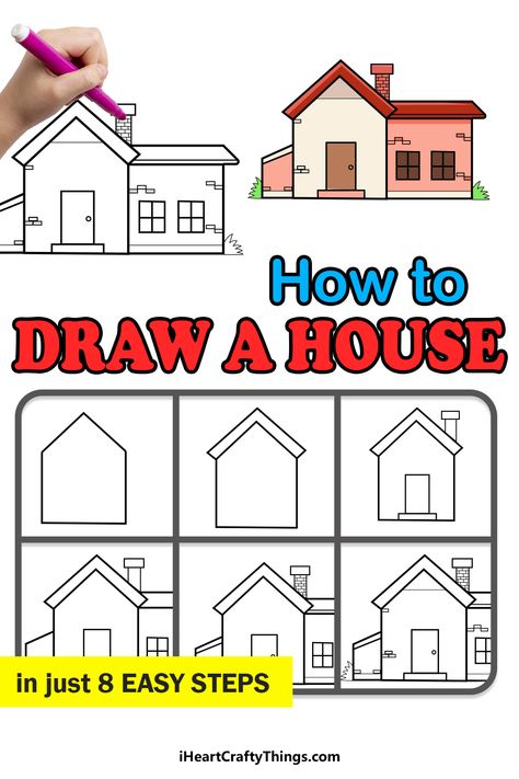 How To Draw A Classroom Easy, How To Draw A House, Drawing Ideas Tutorial, How To Draw House, House Drawing Ideas, Drawing Lessons For Kids, Directed Drawing, Easy Drawings For Kids, Drawing Step