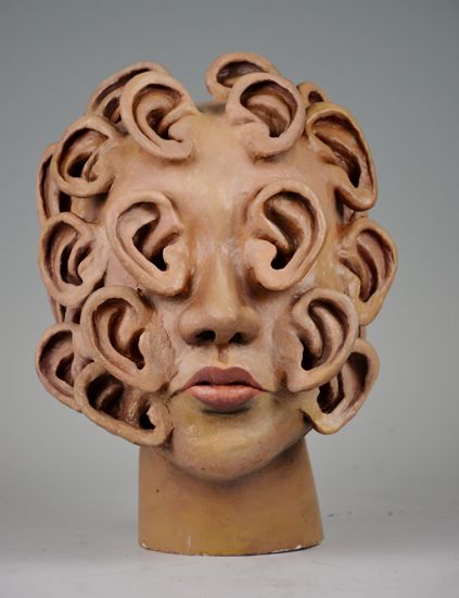 I'm All Ears Eye Model Project, Ap Ceramics, Decorated Ceramics, Surreal Horror, Surrealism Sculpture, Anatomical Study, 3d Construction, Ceramic Mask, Ear Art