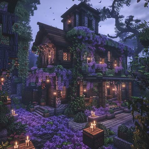 Purpled Minecraft, Minecraft Purple House, Fantasy Cities, Purple House, Cherish Life, Minecraft Cottage, Dark House, Raven Queen, Minecraft Inspo