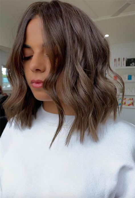 Medium Bob Haircuts & Hairstyles: Mid-Length Bob Ideas Medium Layer Haircut For Thick Hair, Medium Brown Bob Haircut, Medium Bob Brown Hair, Brunette Hair Bob Mid Length, Wavy Lob Hairstyles Mid Length, Brunette Long Bob Haircut, Short Brown Wedding Hair, Short Hair Cuts Brown Hair, Medium Brown Lob