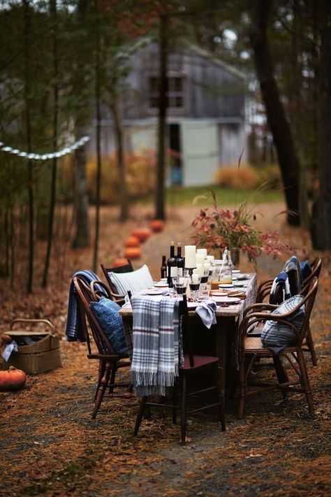 The Crafted Collective: Outdoor Fall Decor - The Benson Street Thanksgiving Dinner Table Decorations, Thanksgiving Dinner Decor, Outdoor Thanksgiving, Fall Dinner Party, Thanksgiving Dinner Table, Outdoor Dinner Parties, Tablescape Inspiration, Hosting Thanksgiving, Vintage Thanksgiving