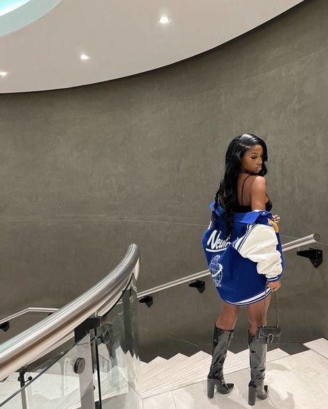 blue varsity jacket | black lace wig | uk girl aesthetic | drealdior Uk Girl Aesthetic, Varsity Jacket Aesthetic, Lace Wigs Uk, Black Lace Wig, Varsity Outfit, Blue Varsity Jacket, Uk Girl, Varsity Jacket Black, Varsity Jacket Outfit