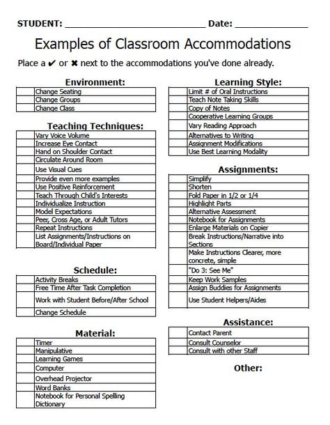 Classroom Accommodations Check List: 504 Accommodations, Classroom Accommodations, 504 Plan, Planning School, Special Education Resources, Differentiated Instruction, Class Management, Classroom Behavior, School Psychology