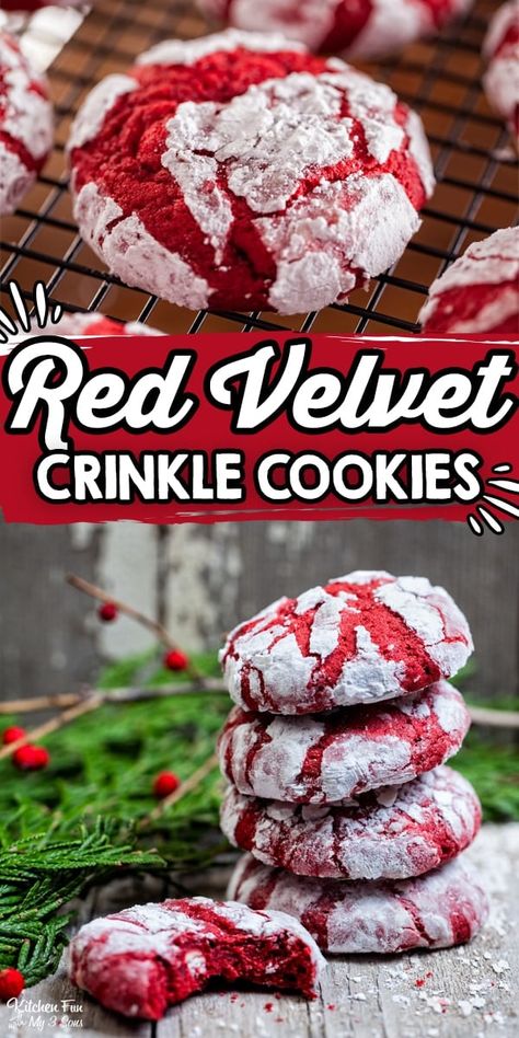 Red Velvet Crinkle Cookies are one of my all time favorite Christmas cookies to make. They are soft, chewy, festive and of course, delicious. #cookies #yummy #recipe #food #christmas #baking #redvelvet Red Velvet Crinkles, Red Velvet Crinkle Cookies, Christmas Cookie Recipes Holiday, Crinkle Cookies Recipe, Red Velvet Cake Mix, Food Christmas, Red Velvet Cookies, Duncan Hines, Lord Byron