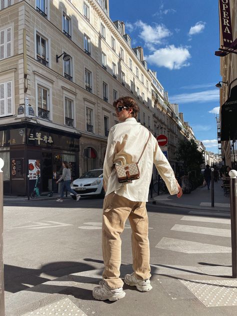 Beige Aesthetic Clothes Men, French Aesthetic Outfits Men, Paris Aesthetic Fashion Men, Men In Paris Aesthetic, Paris Men Aesthetic, Gucci Aesthetic Outfit Men, Beige Outfit Aesthetic Men, Gucci Men Bag, Paris Aesthetic Men