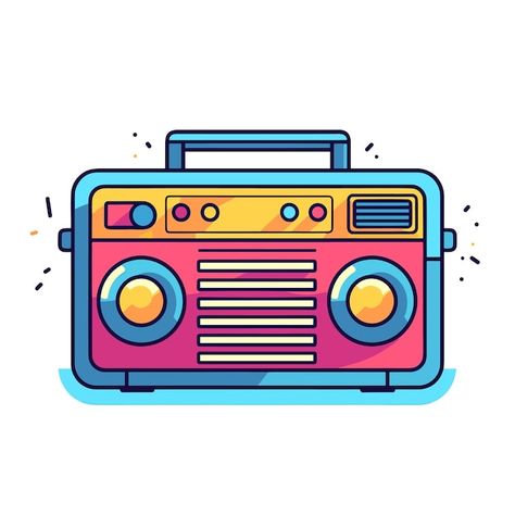 A cartoon of a radio with a colorful bac... | Premium Vector #Freepik #vector #boombox Radio Cartoon, Radio Png, Radio Illustration, Speaker Drawing, Radio Drawing, Geometrical Prints, On Air Radio, Radio Vintage, Emergency Bag