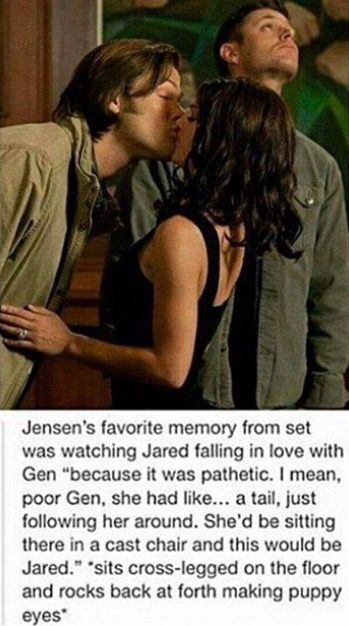 Jensen' favorite set memory was watching Jared fall in love with Genevieve. Awwwww Film Memes, Genevieve Padalecki, Medici Masters Of Florence, Supernatural Bloopers, Spn Memes, Supernatural Tattoo, Supernatural Imagines, Supernatural Wallpaper, Supernatural Pictures