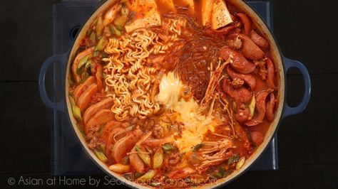 Budae Jjigae, Songtan Style Recipe &Video - Seonkyoung Longest Army Base Stew Recipe, Army Base Stew, Asian At Home, Spicy Miso Ramen Recipe, Doenjang Recipe, Budae Jjigae, Riblets Recipe, Korean Army, Korean Recipe