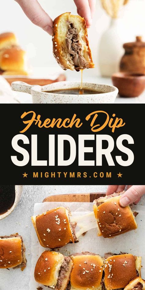 Easy French dip sliders, made with roast beef, Hawaiian Rolls and au jus for dipping. A delicious appetizer, lunch or easy dinner. Roast Beef French Dip, French Dip Sliders, Slider Recipe, Beef Entrees, King Hawaiian Rolls, Hawaiian Roll, Beef Sliders, Baked Roast, Mini Sandwiches