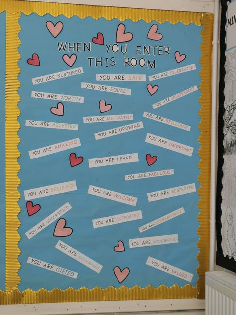 Positivity Display Classroom, Classroom Wellbeing Display, Affirmation Display Ideas, Nurture Classroom Ideas, Feelings Display Classroom, Nurture Room Displays, Nurture Room Ideas, Nurture Classroom, Primary School Displays