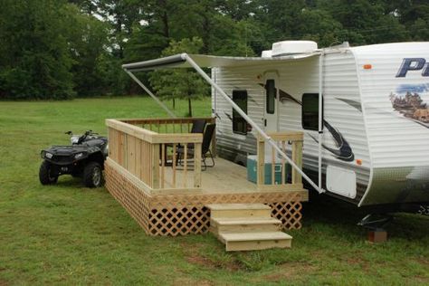 Porch For Rv, Rv Camping Ideas, Porch For Camper, Portable Deck, Trailer Deck, Small Motorhomes, Rv Patio, Decorations On A Budget, Lightweight Trailers