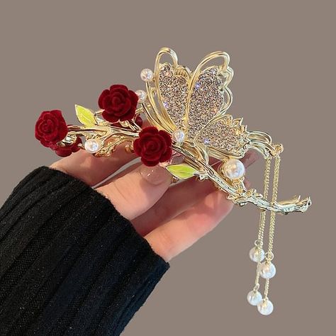 kerentila Plant Accessories, Rose Butterfly, Rose Hair Clip, Chinese Hair, Crystal Hair Clips, Tools For Women, Crystal Hair Pins, Pearl Hair Clip, Estilo Preppy