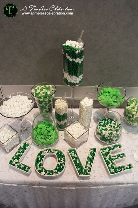 green and white candy buffet | Found on atimelesscelebration.com White Candy Table, Green Candy Buffet, White Candy Buffet, Cheer Banquet, Candy Tables, Sweet Tables, Henna Night, Golf Theme, Green Candy