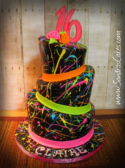 Paint Splatter Cake, Neon Birthday Cakes, Neon Cake, Splatter Cake, Bolo Neon, Neon Cakes, 80s Birthday Parties, Neon Birthday Party, Artist Cake