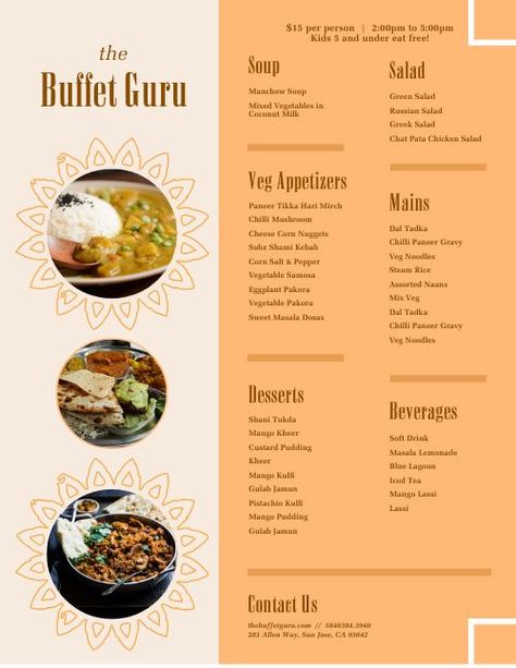 Buffet Menu Sample Design Template by MustHaveMenus Veg Buffet Ideas, Indian Menu Card Design Restaurant, Indian Wedding Menu Ideas, Buffet Menu Wedding, Buffet Menu Design, Buffet Menu Cards, Indian Menu Design, Buffet Menu Ideas, Indian Food Menu