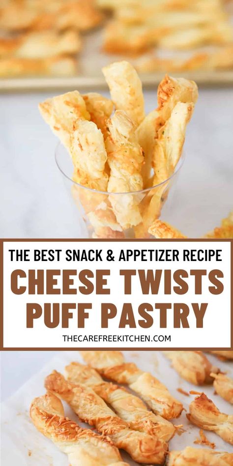 These Cheese Twists with Puff Pastry make the perfect appetizer or snack for any occasion because they couldn’t be easier and everyone loves them. Each crispy straw is topped with cheddar, Parmesan and a touch of garlic salt, and are absolutely guaranteed to disappear as soon as you put them onto the table. #thecarefreekitchen #puffpastry #cheesestraws #cheesetwists #appetizers #snacks #gameday #partyfood #easy #cheese Puff Pastry Cheese, Cheese Straws Recipe, Cheese Twists, Pretzel Cheese, Cheese Puff Pastry, Cheese Straws, Meat Appetizers, Garlic Cheese, Easy Appetizers