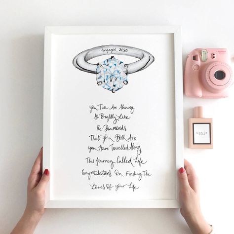 Personalised Engagement Poem Print. Personalised with the wording 'Engaged 2020' inside of the ring.See our full range of prints in the De Fraine Design London storefront: www.notonthehighstreet.com/defrainedesignlondonOur Engagement Poem Reads: “You Two Are Shining So Brightly Like The Diamonds That You Both ARe You Have Travelled Along This Journey Called Life Congratulations On Finding The Loves Of Your Life” Our personalised engagement poem print has been created by Carolle De Fraine and is Engagement Poems, Love Your Life, Unique Gifts, Gallery Wall, Diamonds, Perfect Gift, London, Ring, Frame