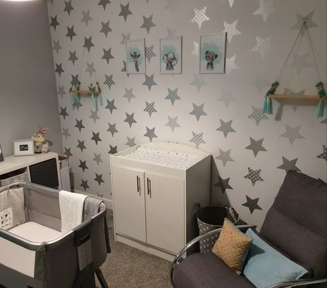 Mint grey and white nursery with Superfresco star wallpaper Grey And White Nursery, Mint Grey, White Nursery, Star Wallpaper, Baby Baby, Baby Nursery, Grey And White, Kids Rugs, Nursery