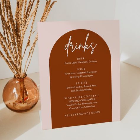 Minimalist Terracotta Arch Wedding Drinks Bar Menu Pedestal Sign Wedding Cake Martini, Modern Wedding Bar, Alcohol Wedding, Menu Minimalist, Simple Wedding Menu, Wedding Drink Bar, Minimalist Modern Wedding, Wedding Alcohol, Wedding Table Menus