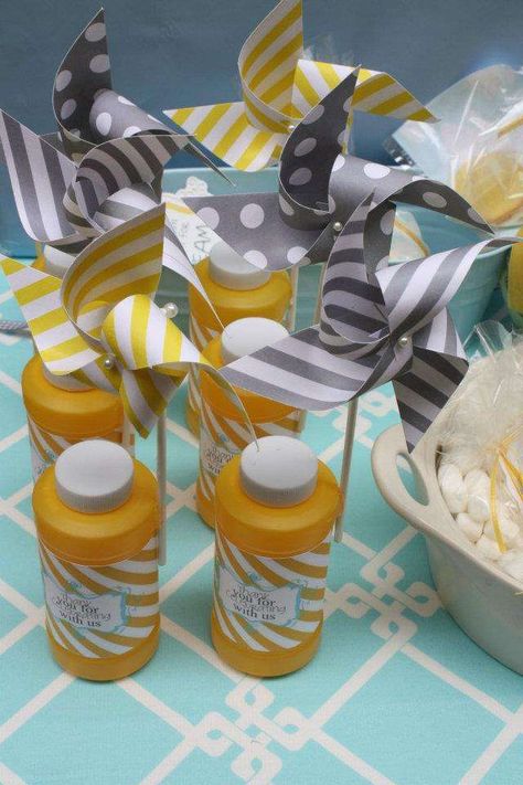 You are my Sunshine 1st Birthday | CatchMyParty.com Sunshine Favors, Bubble Favors, Bubble Station, Shower Colors, Carnival Vintage, Paper Pinwheels, Bubble Party Favors, Sunshine Theme, Pin Wheels