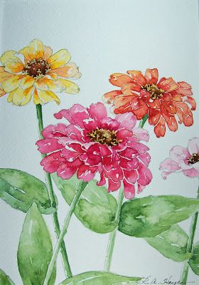 Daily+Watercolors:+ZINNIAS+WATERCOLOR+PAINTING Watercolor Blog, Watercolor Flowers Tutorial, Watercolor Pictures, Watercolor Flower Art, Watercolor Painting Techniques, Cat Air, Watercolor Paintings Tutorials, Watercolor Flowers Paintings, Watercolor Art Lessons