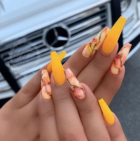 Yellow Nail Art, Yellow Nails Design, Orange Nail, Cute Acrylic Nail Designs, Nail Swag, Summer Acrylic Nails, Pink Nail, Marble Nails, Acrylic Nails Coffin