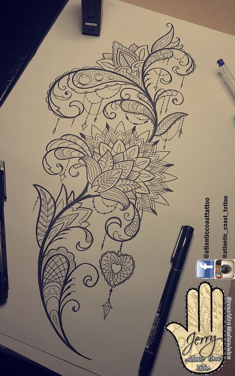 Beautiful tattoo idea design for a thigh mandala lotus flower lace pretty patterns and detail. Heart tattoo ornaments Lace Lotus Flower Tattoo, Lotus And Mandala Tattoo Design, Side Mandala Tattoo, Mandala Flower Tattoo Design Women, Female Mandala Tattoo, Mandala Thigh Tattoos, Mandela Tattoo Thigh, Flower Lace Tattoo, Heart Mandala Tattoo