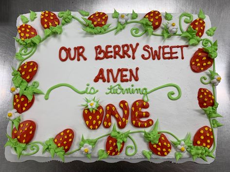 Strawberry Themed Sheet Cake, Strawberry Sheet Cake Decorations, Berry First Birthday Sheet Cake, Strawberry Themed Birthday Cake, Strawberry Decorated Cake, Strawberry Themed 1st Birthday Cake, Simple Sheet Cake Designs, Strawberry Themed Cake, Berry First Birthday Cake