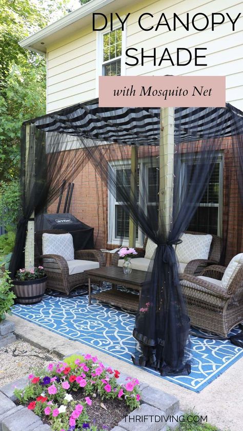 How to Make a DIY Canopy Shade with a Mosquito Net! - Thrift Diving Patio Cover Ideas, Diy Patio Cover, Pergola Diy, Backyard Shade, Diy Canopy, Diy Shades, Outdoor Patio Space, Diy Porch, Patio Cover