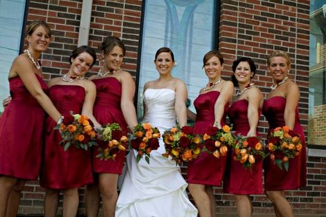 Fall Burgundy Green Orange Red Bouquet Wedding Flowers Photos & Pictures - WeddingWire.com Red Wedding Flowers Bouquet, Fall Bridesmaid, Bridesmaids Flowers, Red Bridesmaid, Orange Wedding Flowers, Red Bouquet Wedding, Wedding Colors Purple, Fall Bridesmaid Dresses, Red Wedding Flowers