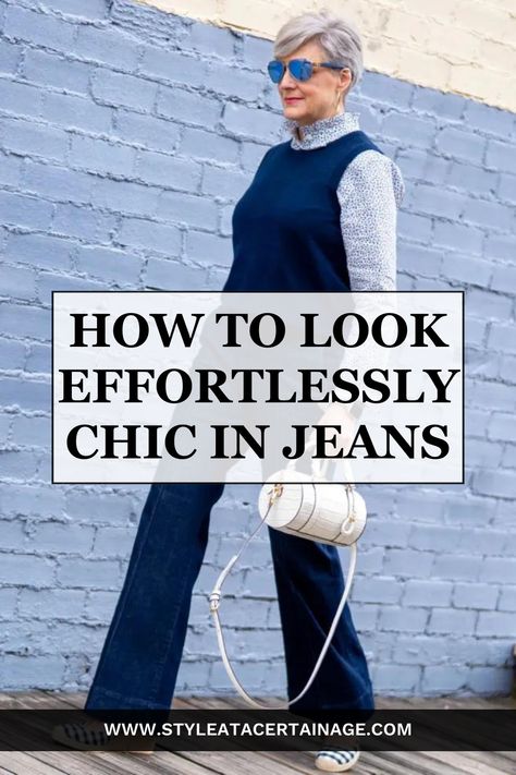 Who says jeans can't be classy and elegant? Unlock your fashion potential with our expert tips on styling chic outfits for women over 50. Embrace the versatility of denim and learn how to create effortless yet sophisticated looks that will make heads turn. Get started today! Denim Outfits For Women Chic Classy, Jeans Lunch Outfit, Classy Jean Outfits For Women Chic, Classic Jeans Outfit Classy, Denim Straight Leg Jeans Outfit, Dramatic Classic Jeans, Trouser Jeans Outfit Fall, Dressy Jeans Outfit Fall, Classy Jeans Outfits For Women