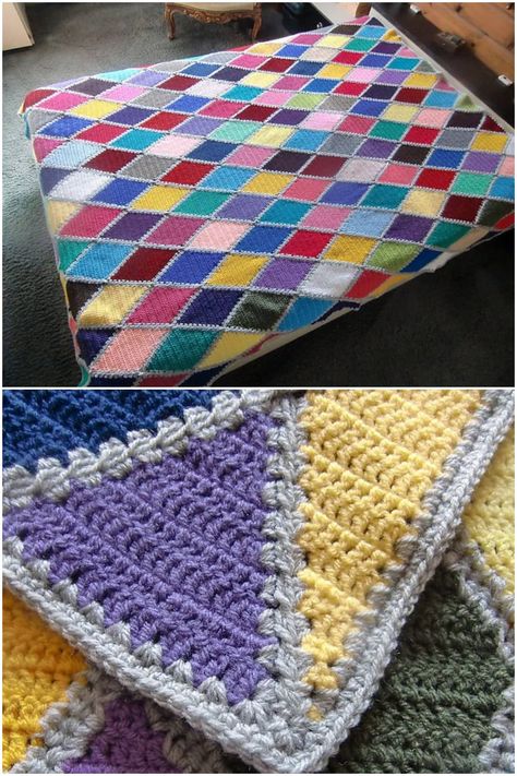 Crochet Harlequin blanket Triangle Blanket Crochet, Triangle Crochet Blanket, Crochet Triangle Blanket, Harlequin Stitch Crochet Blanket, Harlequin Crochet Blanket, Crochet Harlequin Blanket, Block Colour Crochet Blanket, Crochet Blanket Block Colour, Crochet Scrapyarn Blanket