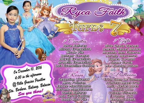 Sofia The First Invitation, Princess Sofia Invitations, Creative Invitation Design, Birthday Tarpaulin Design, Birthday Layout, Seventh Birthday, Happy Birthday Invitation Card, Birthday Party Invitation Wording, Sample Invitation