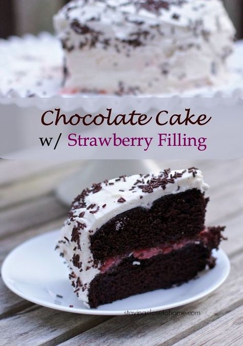 Dark Chocolate Cake with Strawberry is an amazing cake recipe that will satisfy all your cravings.  Great birthday cake idea too. Chocolate Cake With Strawberry Filling, Easy Birthday Cake Recipes, Cake With Strawberry Filling, Chocolate Chip Frosting, Strawberry Cake Filling, Strawberry Cake Easy, Dark Chocolate Cake, Cake With Strawberry, Amazing Chocolate Cake Recipe