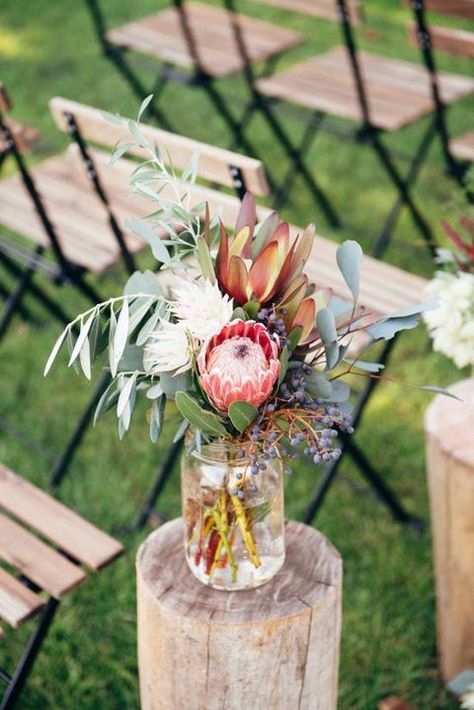 Protea Wedding, Protea Bouquet, Orchard Wedding, Wedding Table Flowers, Rustic Wedding Centerpieces, Rustic Flowers, Wedding Table Centerpieces, Table Flowers, Ceremony Decorations