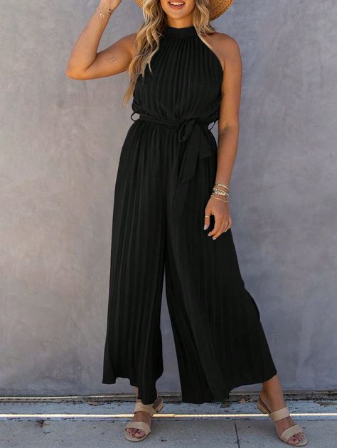 Black Casual Collar Sleeveless Woven Fabric Plain Other,Wide Leg Embellished Non-Stretch Spring/Summer Women Clothing Summer Jumpsuit Outfit, Jumpsuit Outfit Black, Jumpsuit With Belt, Pleated Jumpsuit, Summer Jumpsuit, Halter Neck Jumpsuit, Stand Neck, Embellished Belt, Jumpsuit Outfit